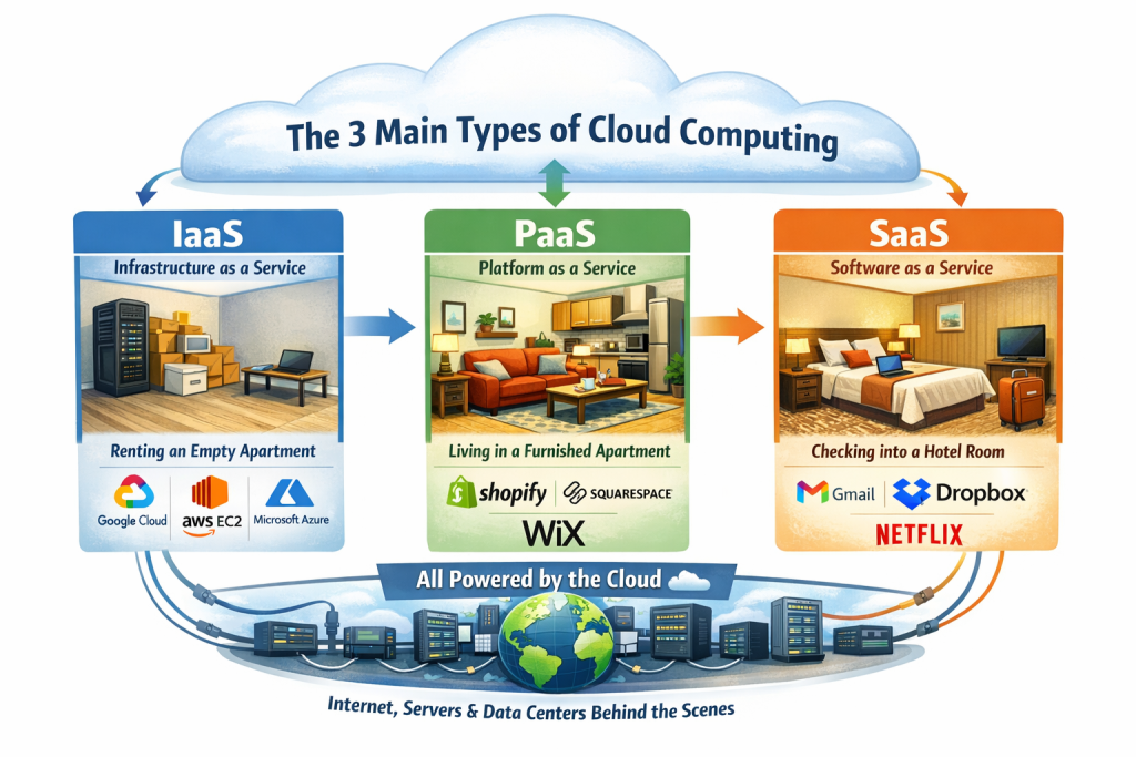 Diagram explaining what is cloud computing by comparing IaaS, PaaS, and SaaS using simple real-world analogies.