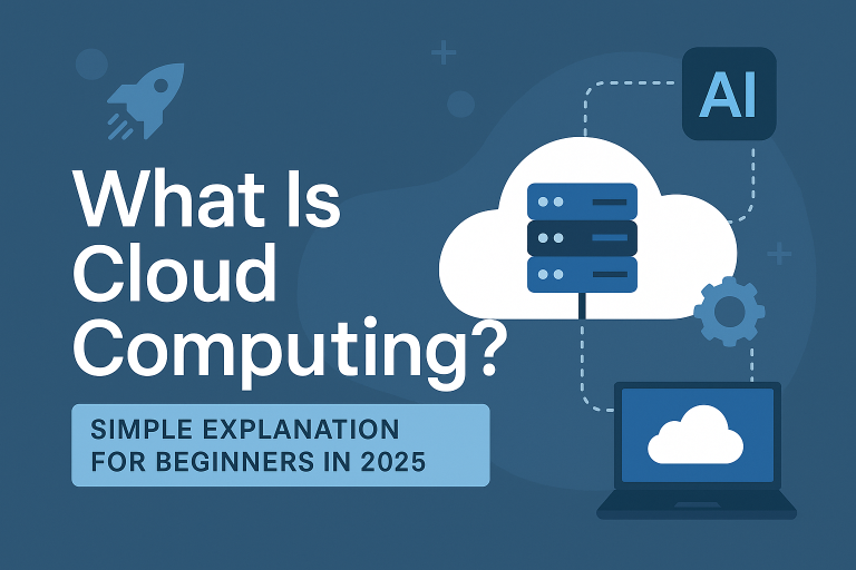 Simple visual representation of cloud computing for beginners, showing devices connecting to a central cloud over the internet. Illustrates what is cloud computing.
