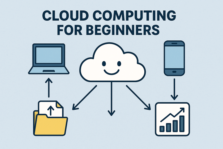 Diagram showing cloud computing for beginners with a smiling cloud icon at the center connected to a laptop, smartphone, upload folder, and growth chart.