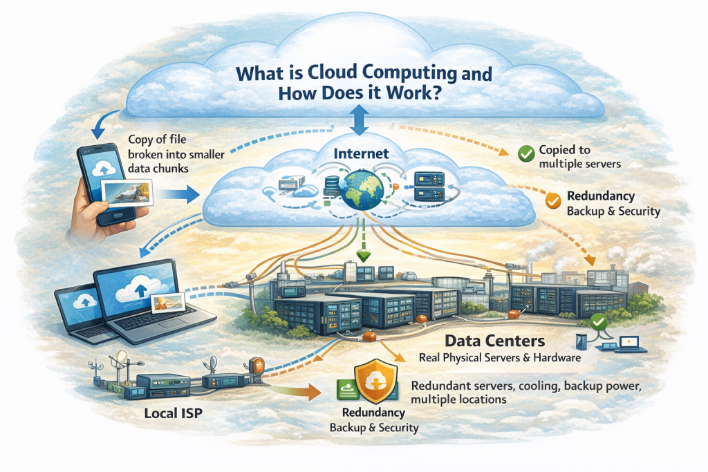 Diagram explaining what is cloud computing and how it works, showing how files move from devices through the internet to cloud data centers.