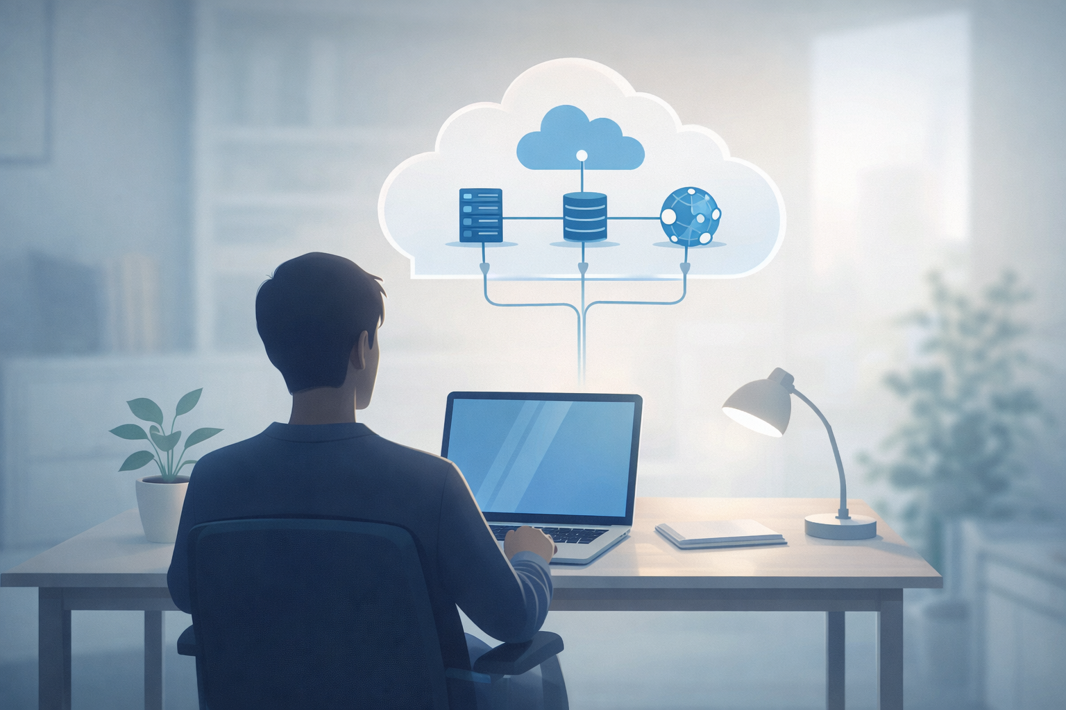 Beginner-friendly illustration explaining cloud computing basics with simple icons for compute, storage, and networking