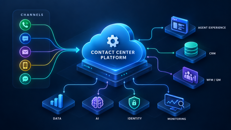 contact center software stack: customer channels flow through a platform to agents, CRM, WFM/QM, reporting, AI, identity, and monitoring